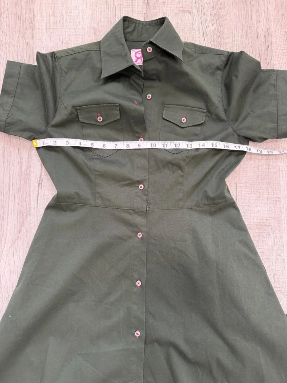 Double R Ravi Ratan Women Sz S Shirt Dress Green Belted Short Sleeve Button-Up - Picture 6 of 6